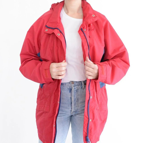 Vintage Cottage Essentials Northern  Reflections Red Navy Windbreaker Jacket L - Picture 2 of 13